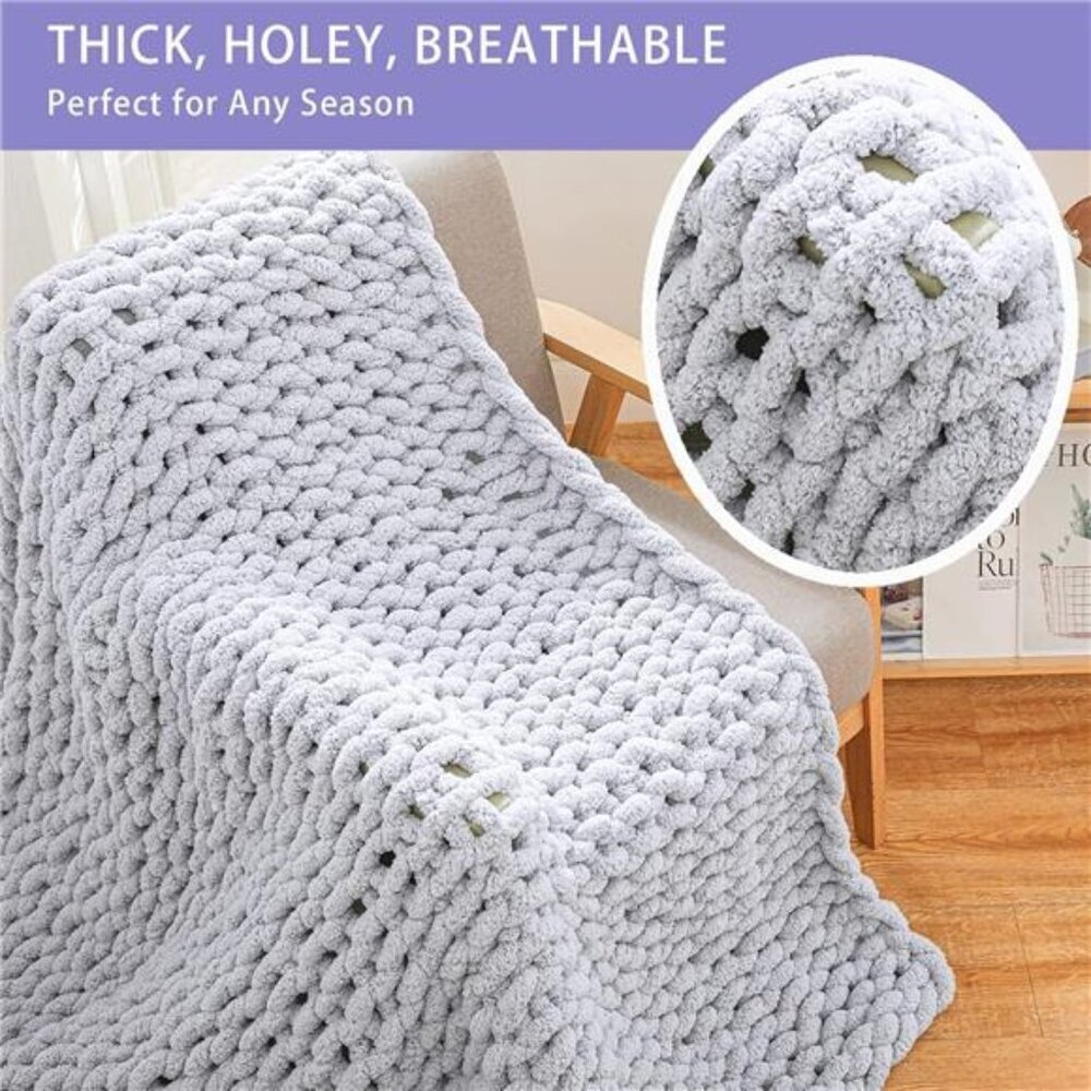 Chunky Knit Blanket Throw 51"x63", 100% Hand Knitted Chenille Throw Blanket - Picture 4 of 8